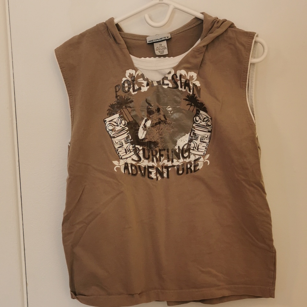 Kid sized sleeveless hoodie.
